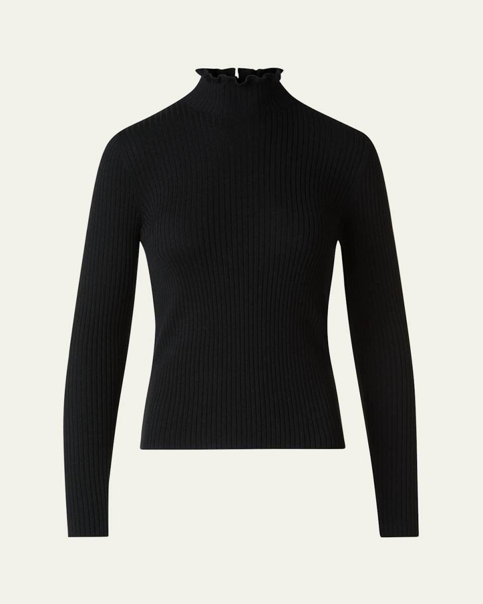 Ruffle Mock-Neck Long-Sleeve Rib Sweater